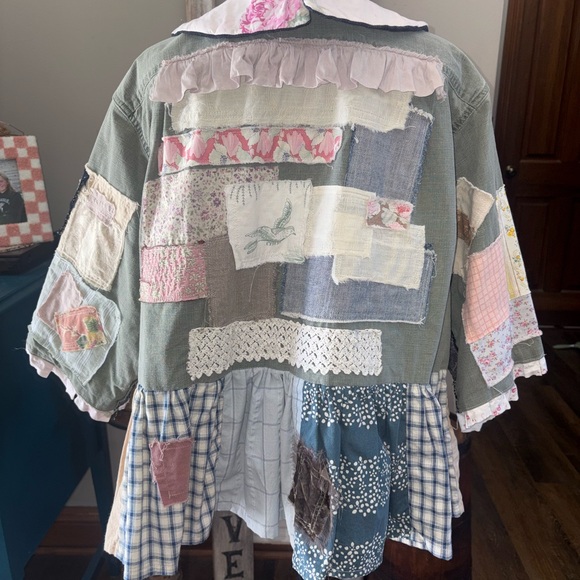 Handmade Artisan Vintage Materials Jacket Silk Bow Closure Peter Pan Collar XL - Picture 3 of 16